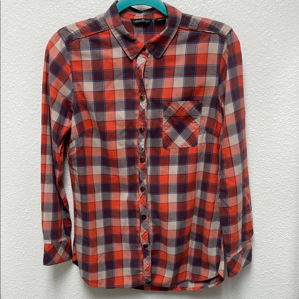 Eddie Bauer Women’s Medium Fitted Orange Flannel Button Up Shirt
